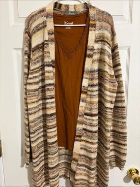 Natural Reflections Striped Open-Front Cardigan in Cream, Brown & Yellow